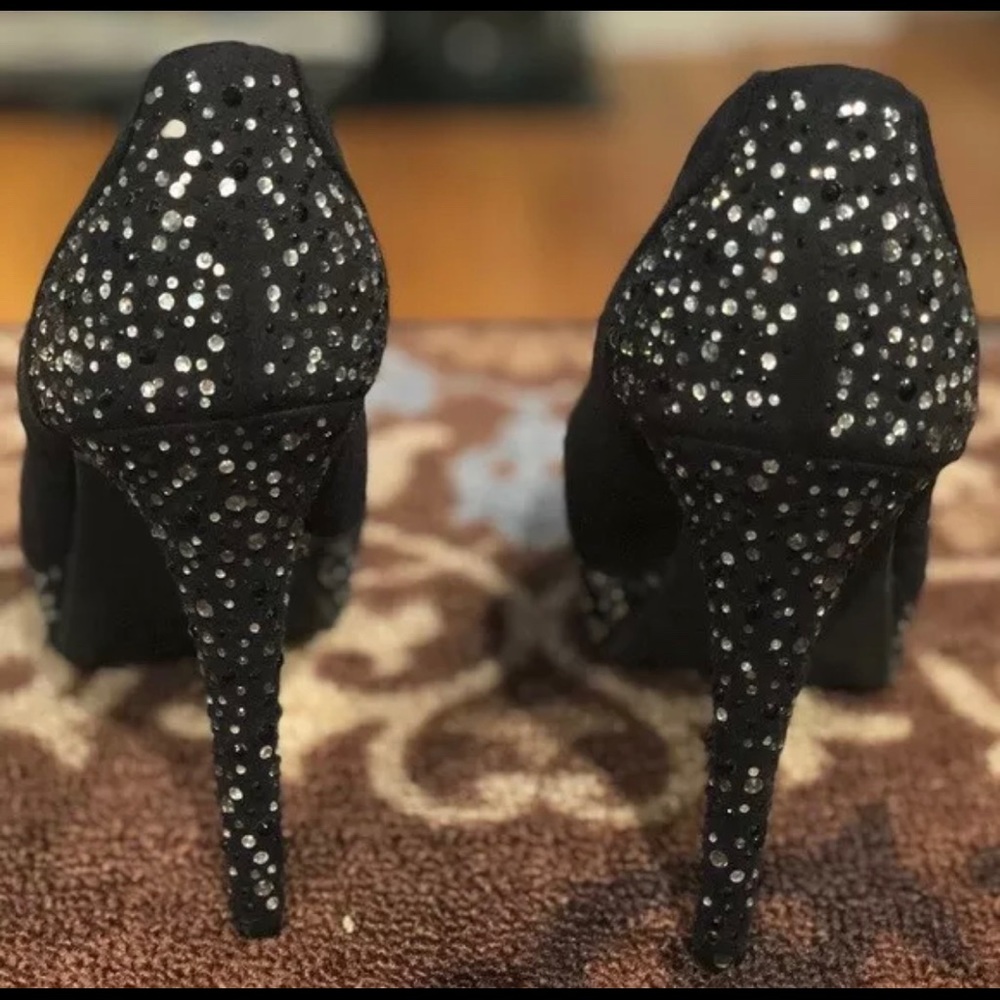 Black Rhinestone Suede Pumps, 9.5